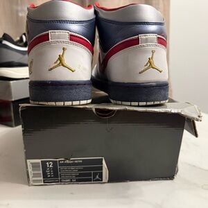 Jordan 1 OLYMPIC Retro Low-Top Sneakers in White, Navy & Red with Gold Jumpman